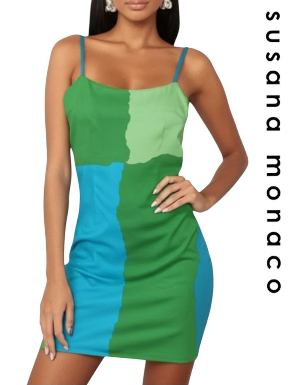 Susana Monaco Green & Blue Blocked Slip Mini Dress